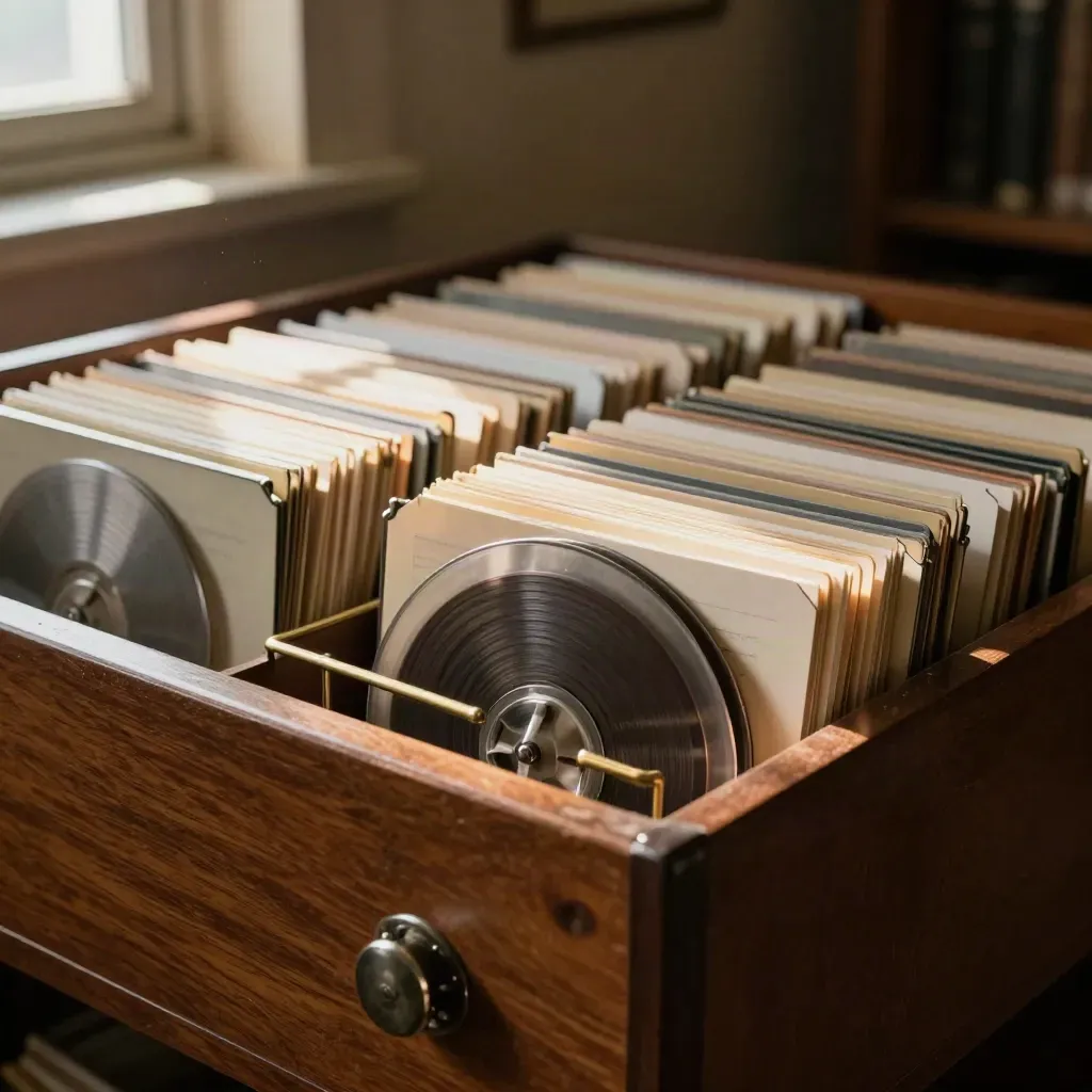 Open archive drawer with patent reels, cards, and brass rails in warm side light