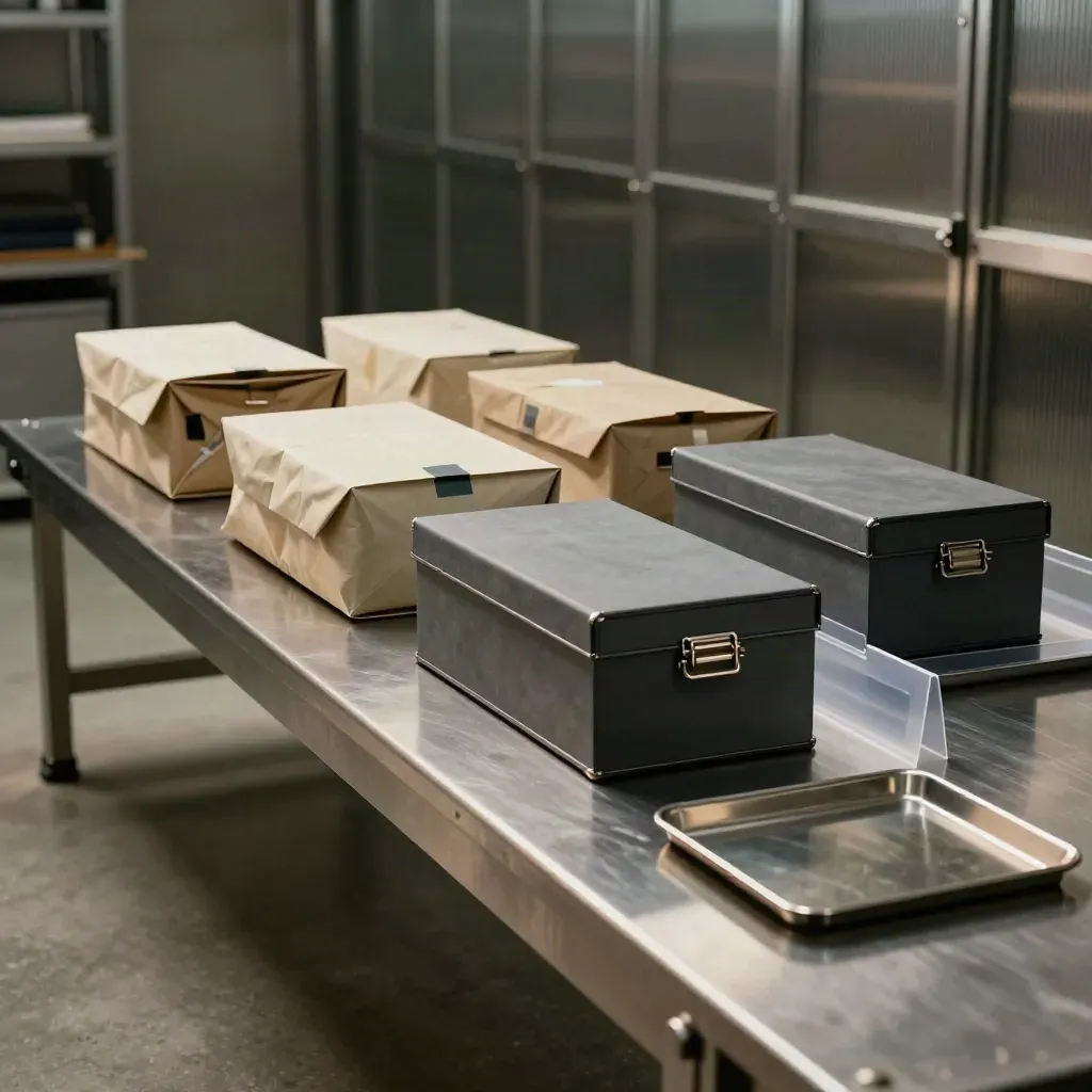 Three filing packets and prototype boxes on a steel bench in a shadowed patent archive