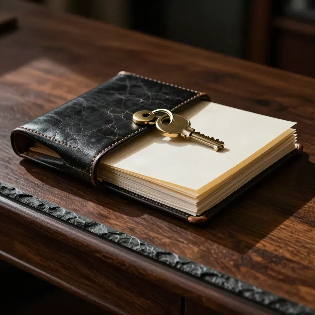 Blackened brass paperweight, leather spine, and steel binding clips on a dark legal archive surface.