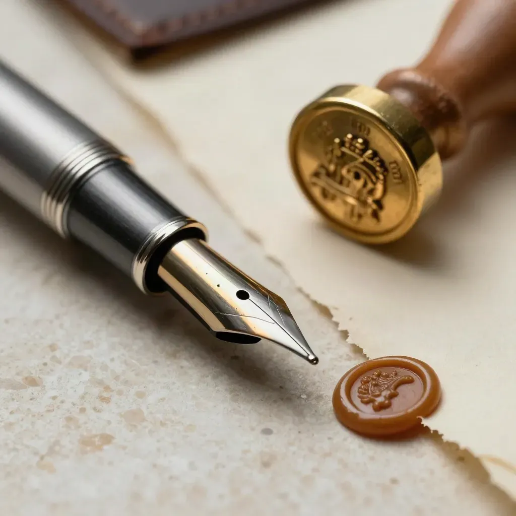 Macro legal still life: pen nib, brass letter opener, and fresh wax seal on ivory paper.