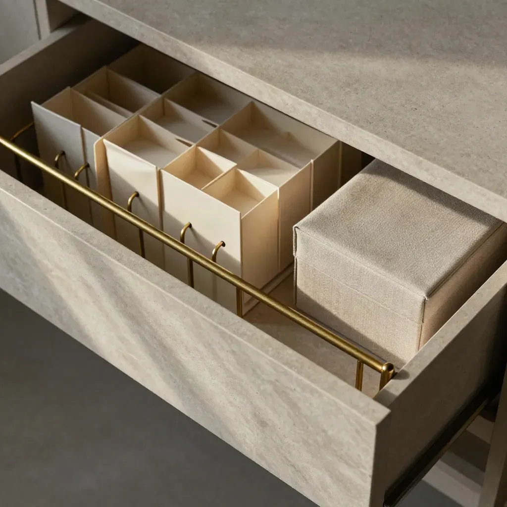 Overhead archive drawer with brass rail, tab dividers, and a closed reference box.