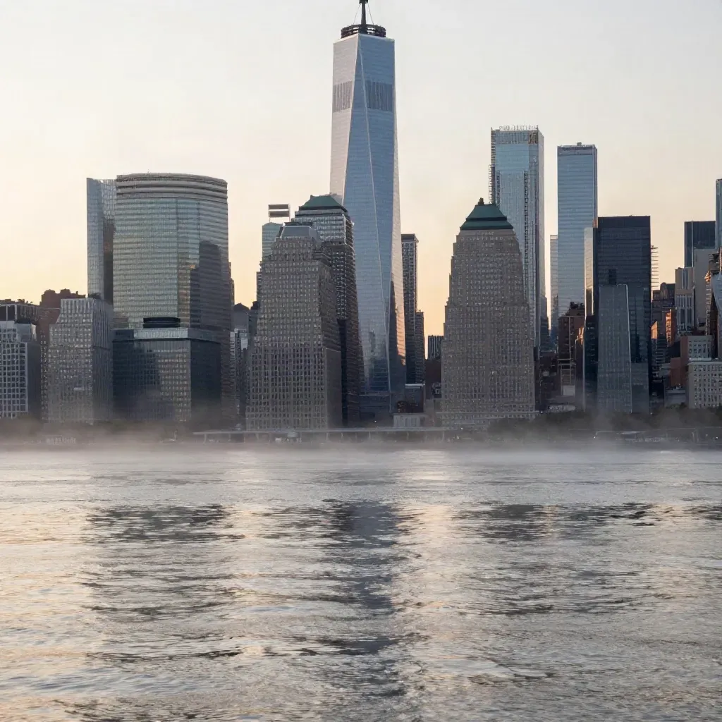 Lower Manhattan skyline over misty harbor at dawn, calm water below