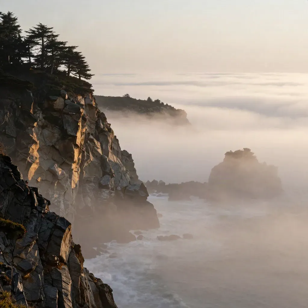 Big Sur cliffs above fog-softened Pacific with calm open sea space