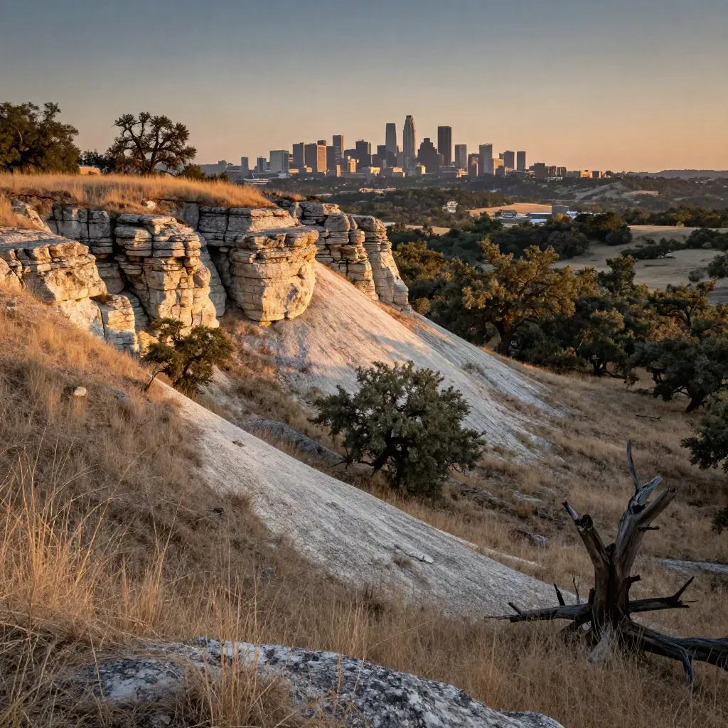 Texas Hill Country overlook with limestone bluffs, dry grass, and a hazy Austin skyline at golden hour.